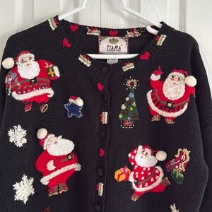 Vintage Tiara International Santa Claus Embroidered Cardigan Black Sweater- M